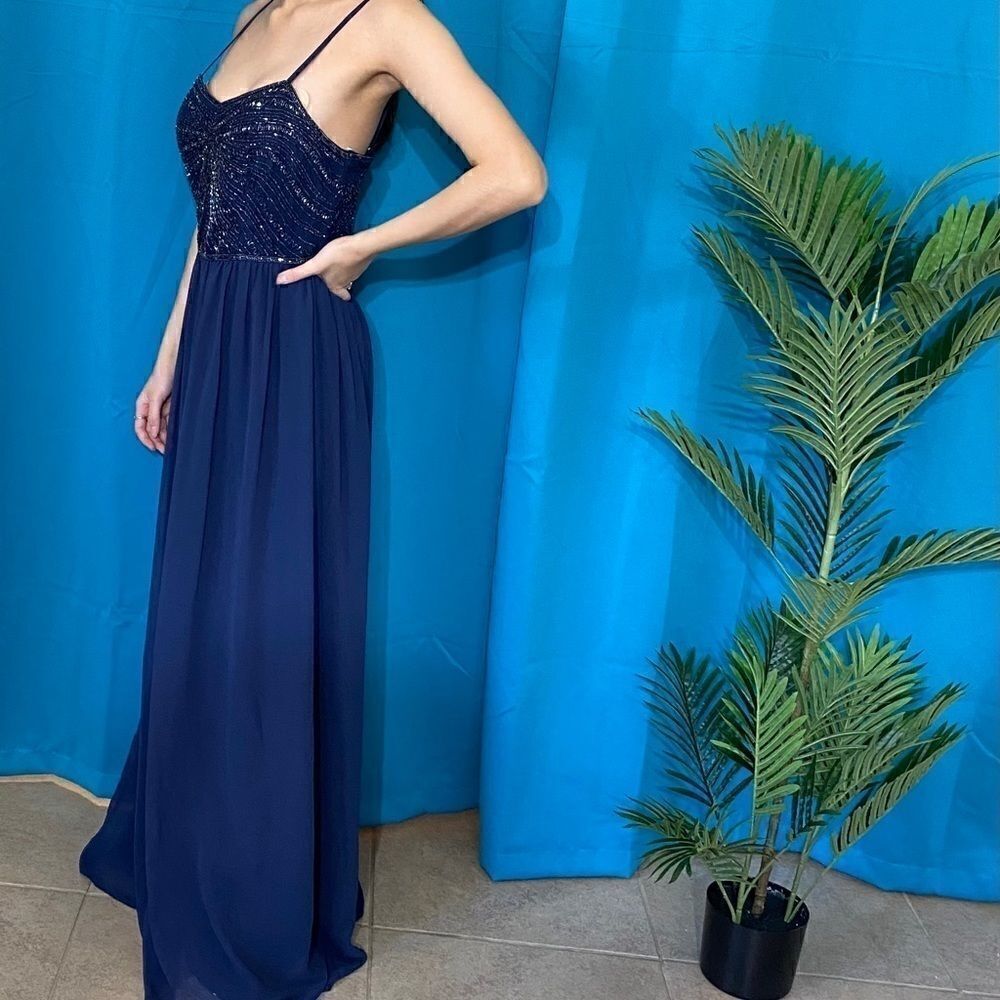 David’s Bridal navy blue beaded top dress - Picture 2 of 5